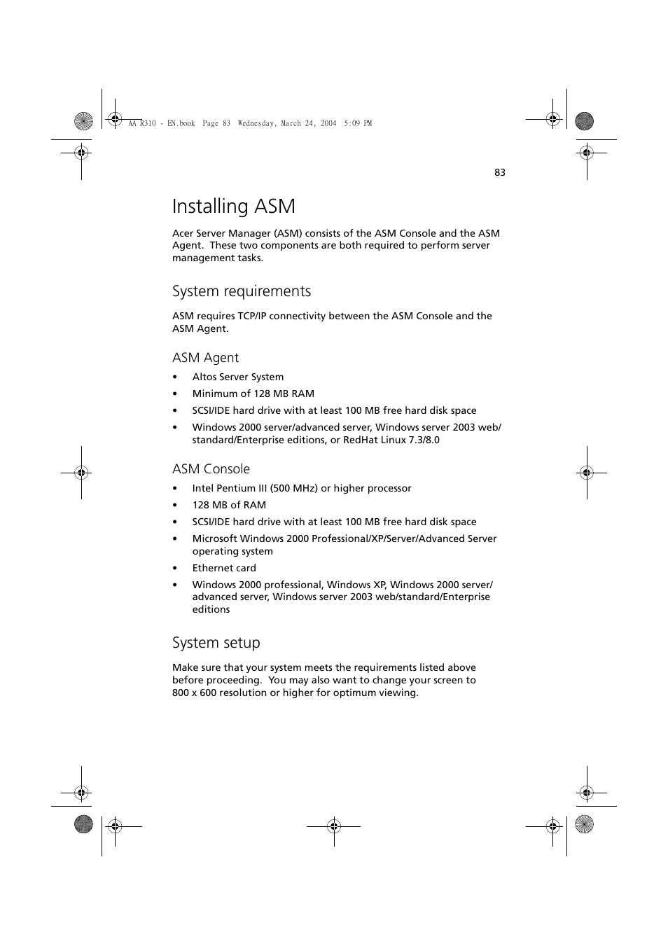 Installing asm, System requirements, System setup | Asm agent, Asm console | Acer Altos R310 User Manual | Page 93 / 122