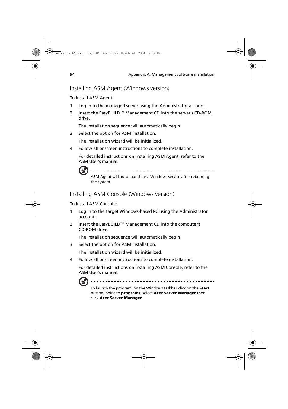 Installing asm agent (windows version), Installing asm console (windows version) | Acer Altos R310 User Manual | Page 94 / 122