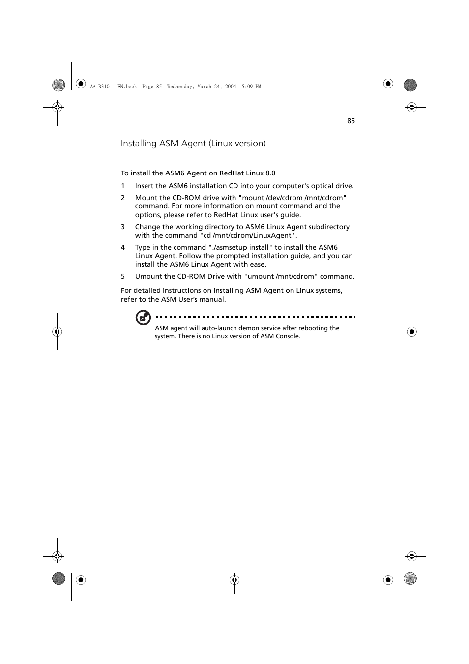 Installing asm agent (linux version) | Acer Altos R310 User Manual | Page 95 / 122