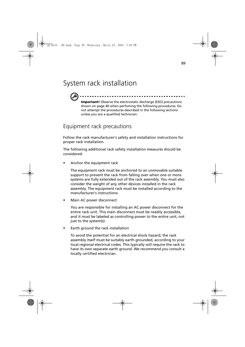 System rack installation, Equipment rack precautions | Acer Altos R310 User Manual | Page 99 / 122