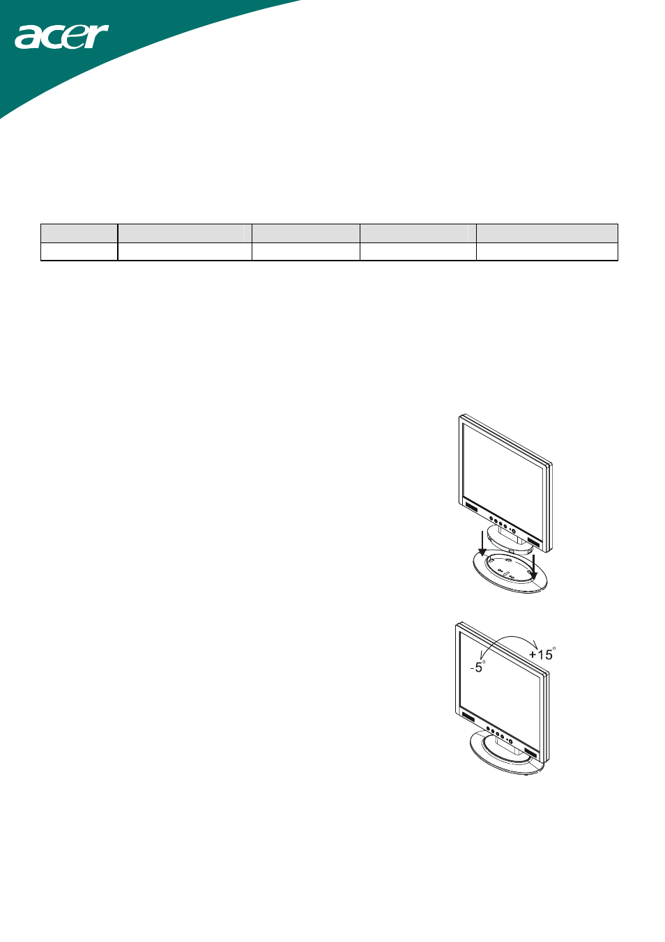 Chapter 1 installation, Unpacking, Connecting the lcd monitor and base | Viewing angle adjustment | Acer AL1715 User Manual | Page 4 / 15