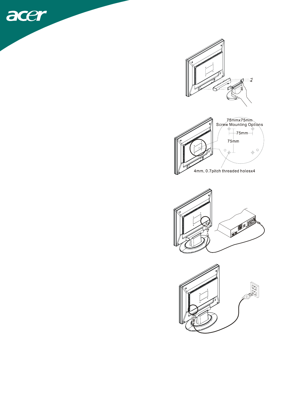 Detaching lcd monitor from its stand, Interface for arm applications, Connecting the display | Connecting the ac power | Acer AL1715 User Manual | Page 5 / 15