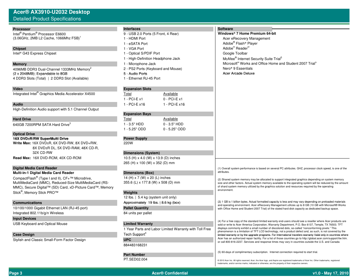 Detailed product specifications | Acer AX3910-U2032 User Manual | Page 3 / 3