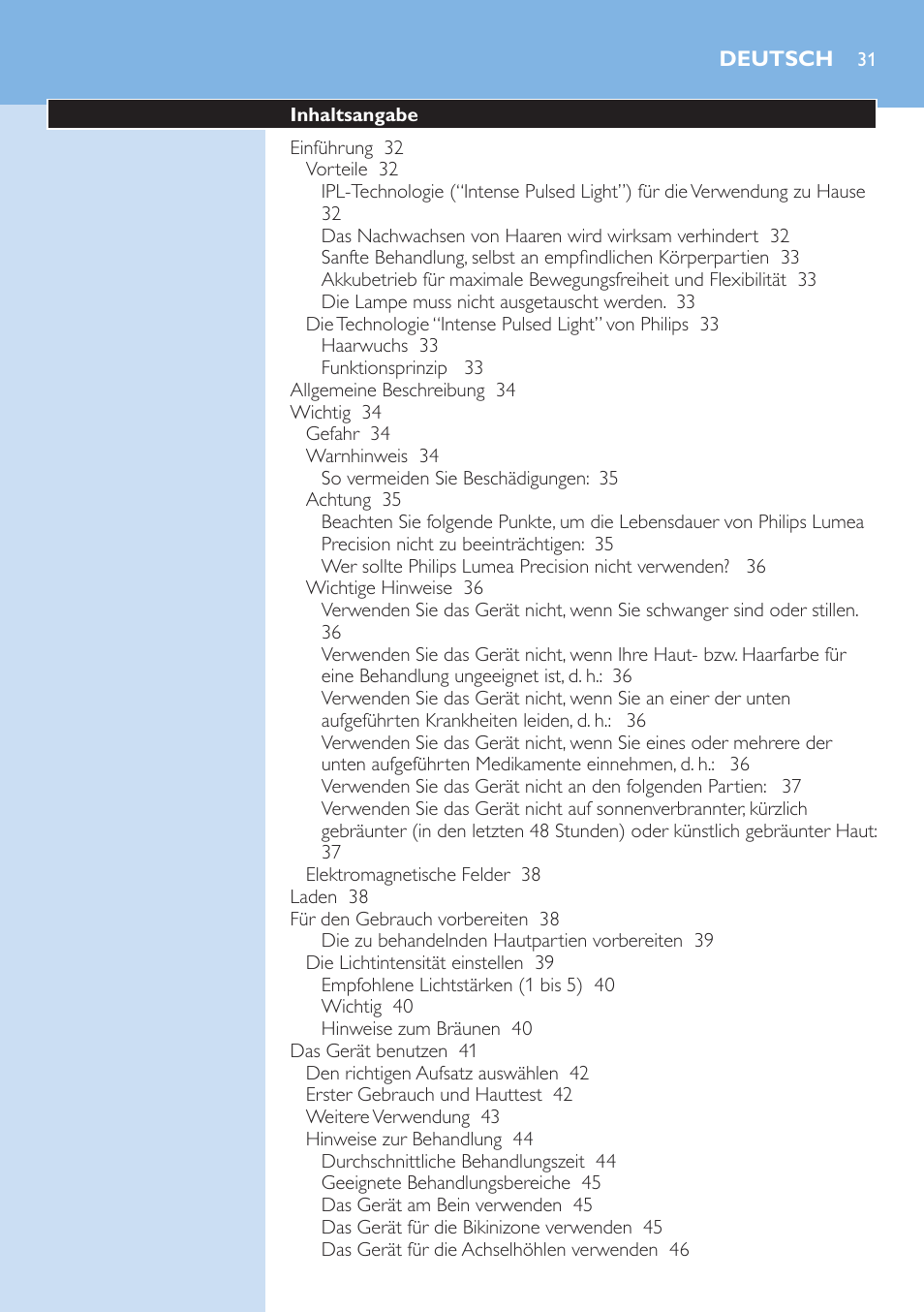 Deutsch, Deutsch 31 | Philips Lumea Precision IPL Haarentfernungssystem User Manual | Page 31 / 110