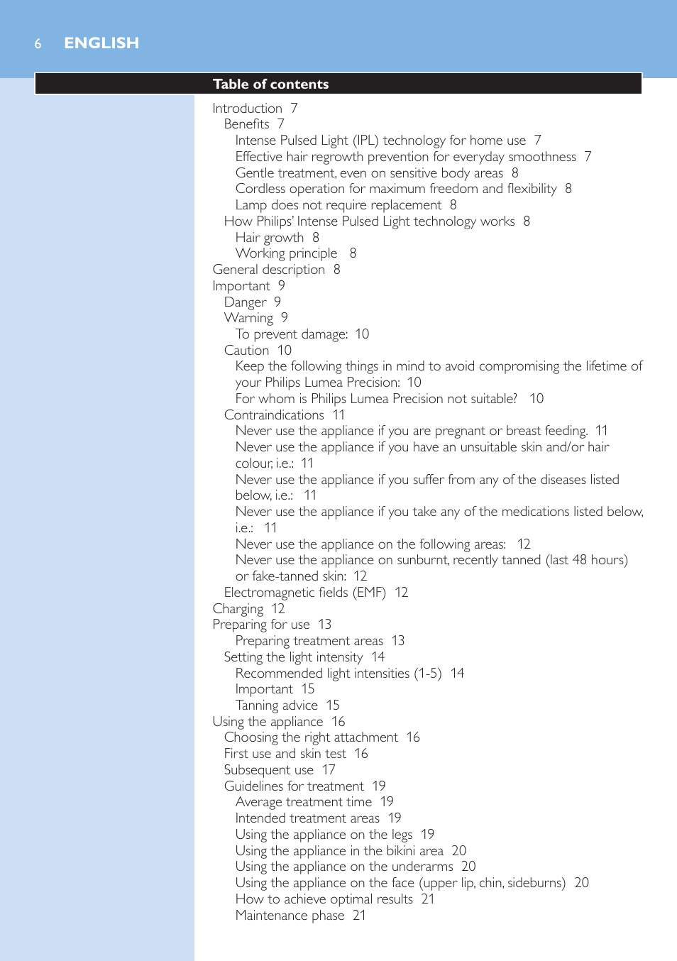 English | Philips Lumea Precision IPL Haarentfernungssystem User Manual | Page 6 / 110