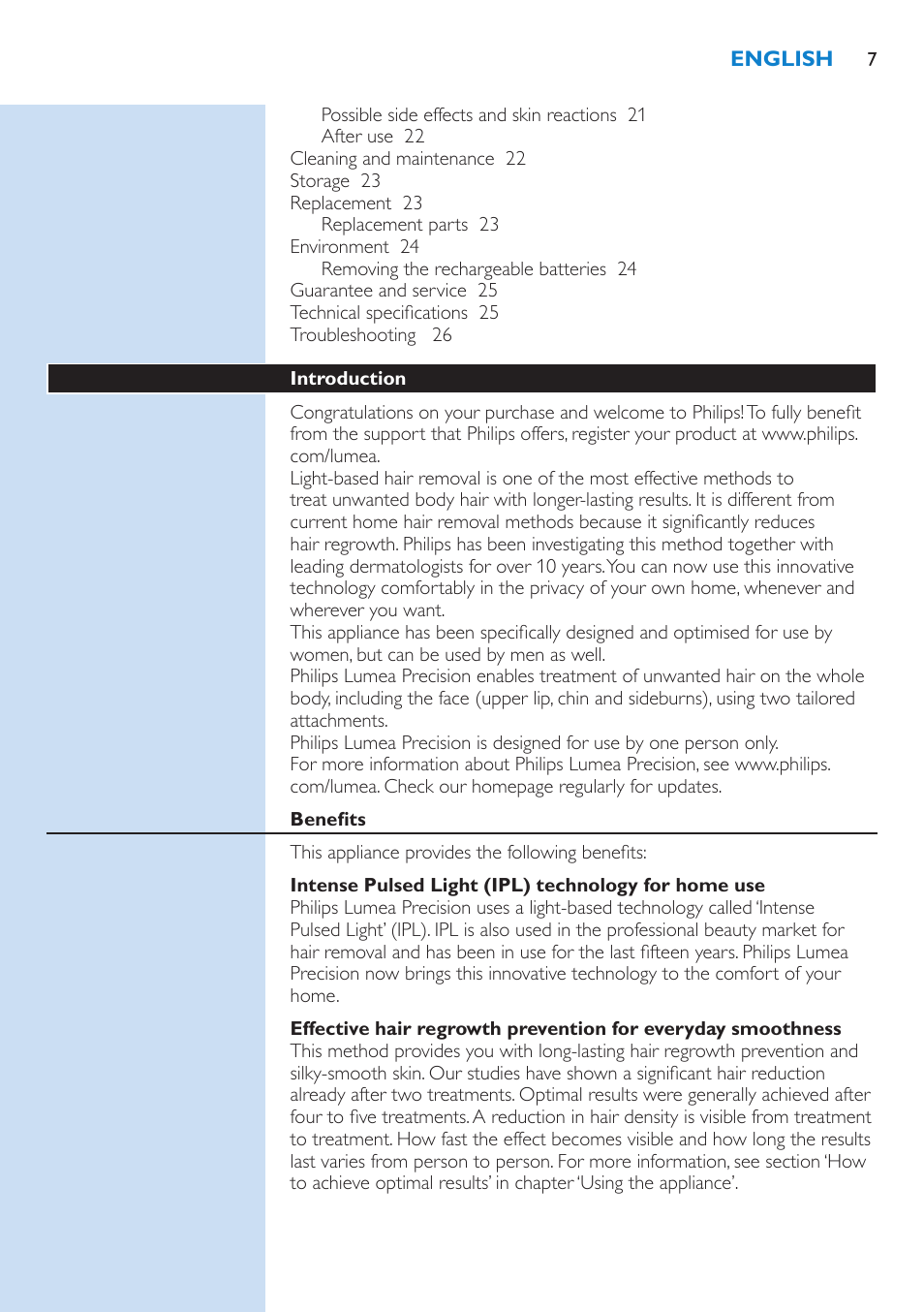 Philips Lumea Precision IPL Haarentfernungssystem User Manual | Page 7 / 110