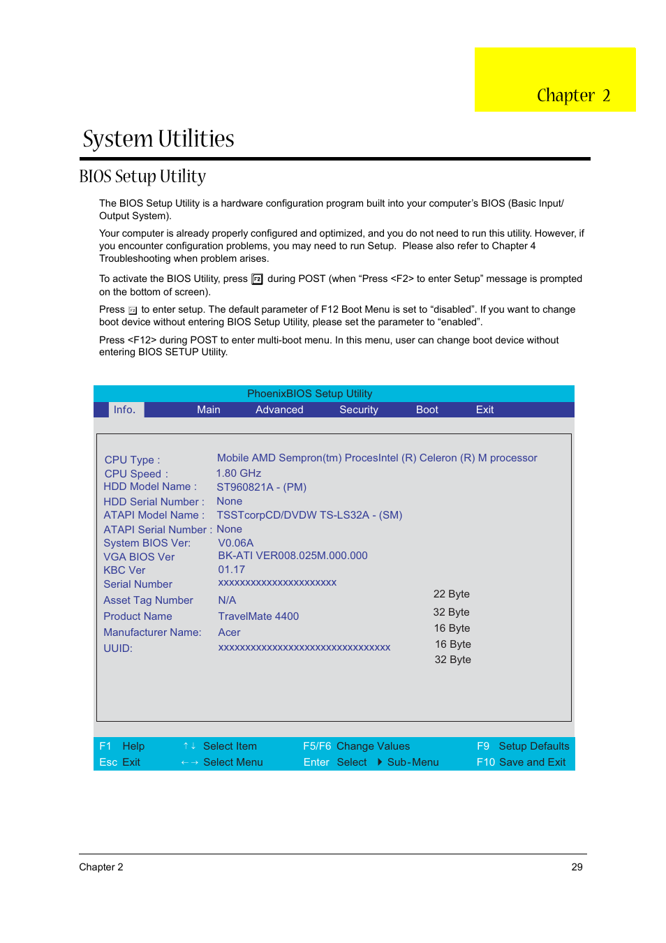 Bios setup utility, System utilities, Chapter 2 | Acer 3020 User Manual | Page 35 / 95