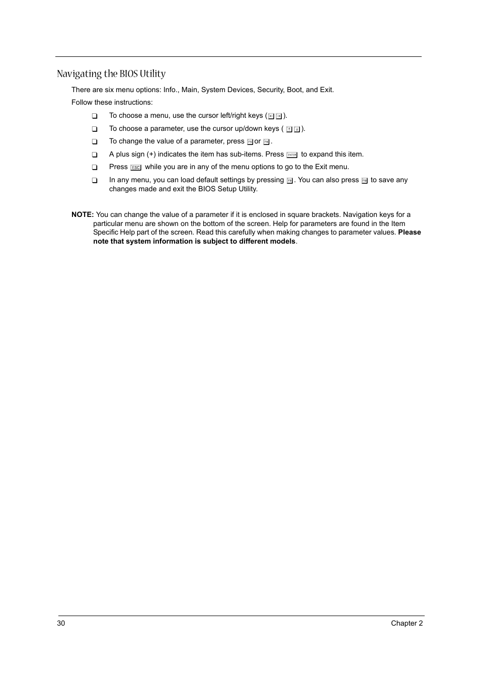 Navigating the bios utility | Acer 3020 User Manual | Page 36 / 95