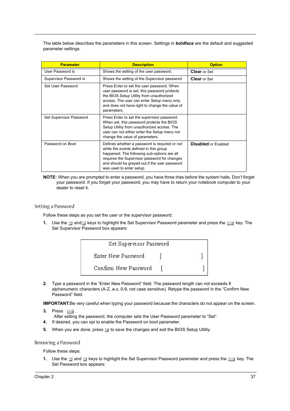 Setting a password, Removing a password | Acer 3020 User Manual | Page 43 / 95