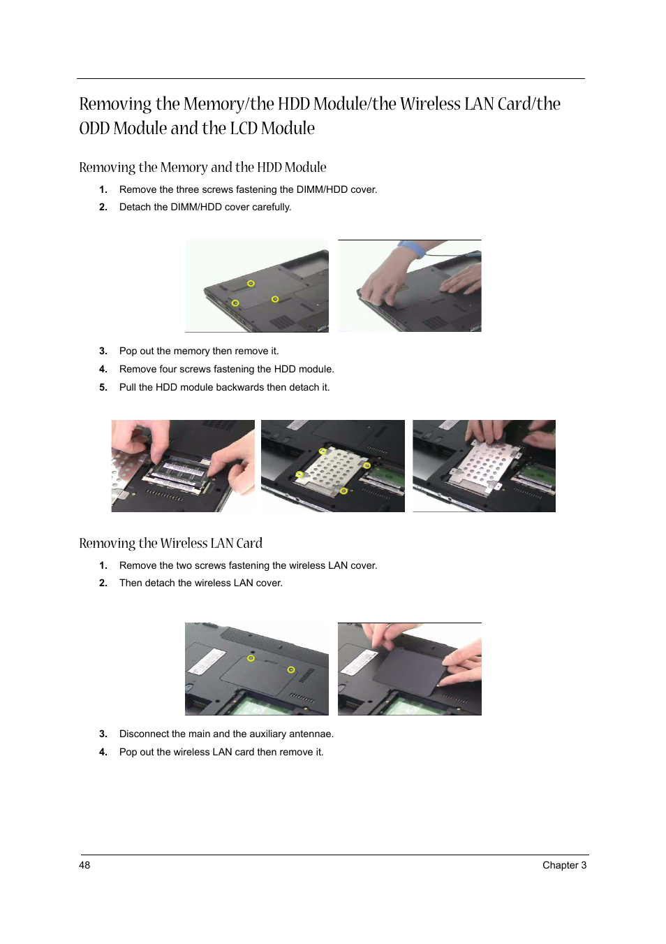 Removing the memory and the hdd module, Removing the wireless lan card | Acer 3020 User Manual | Page 54 / 95