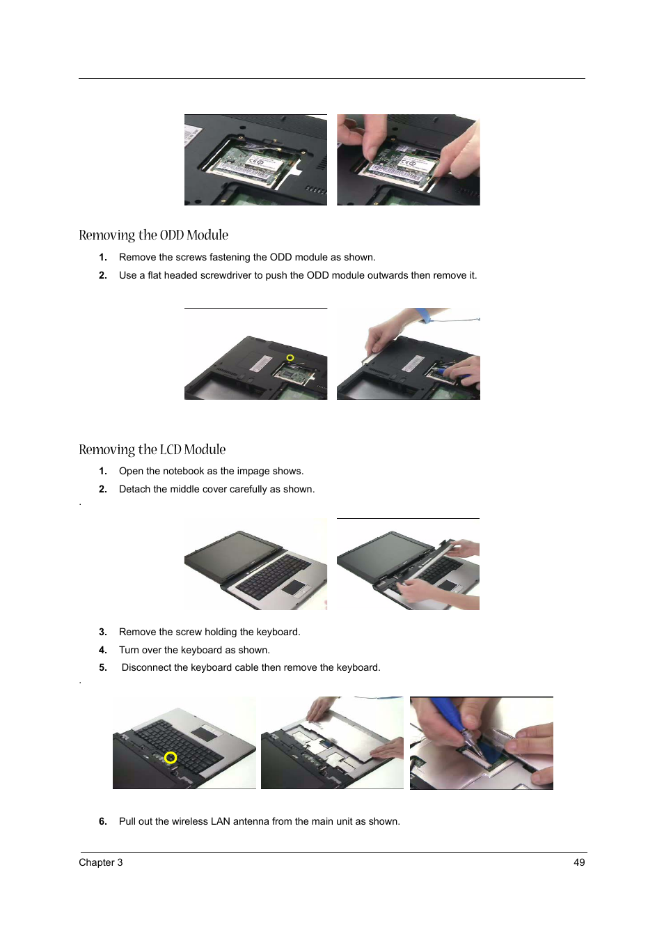 Removing the odd module, Removing the lcd module | Acer 3020 User Manual | Page 55 / 95