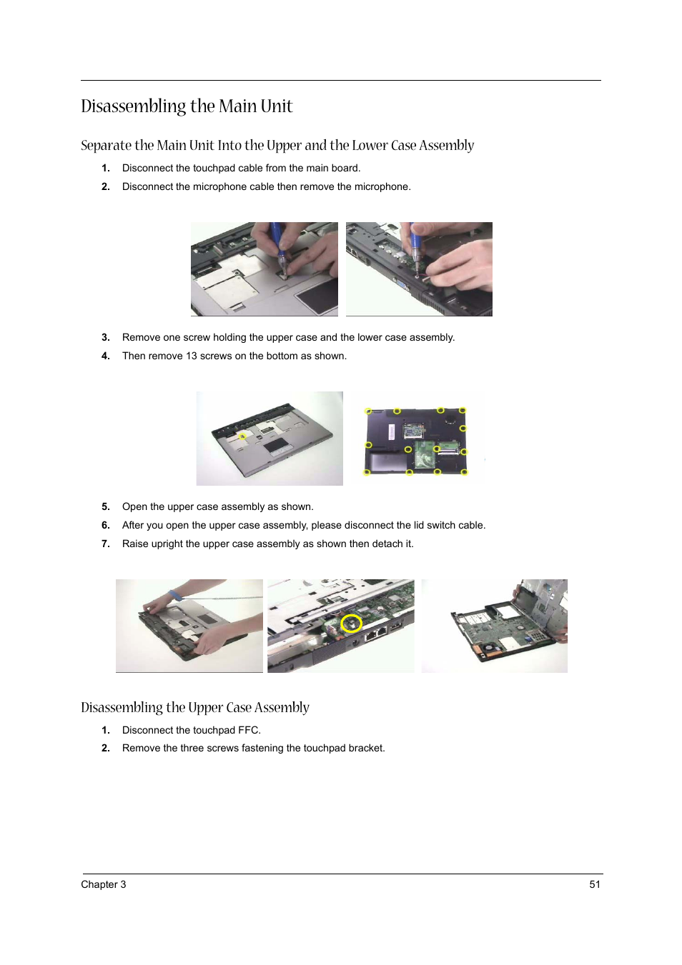 Disassembling the main unit, Disassembling the upper case assembly | Acer 3020 User Manual | Page 57 / 95