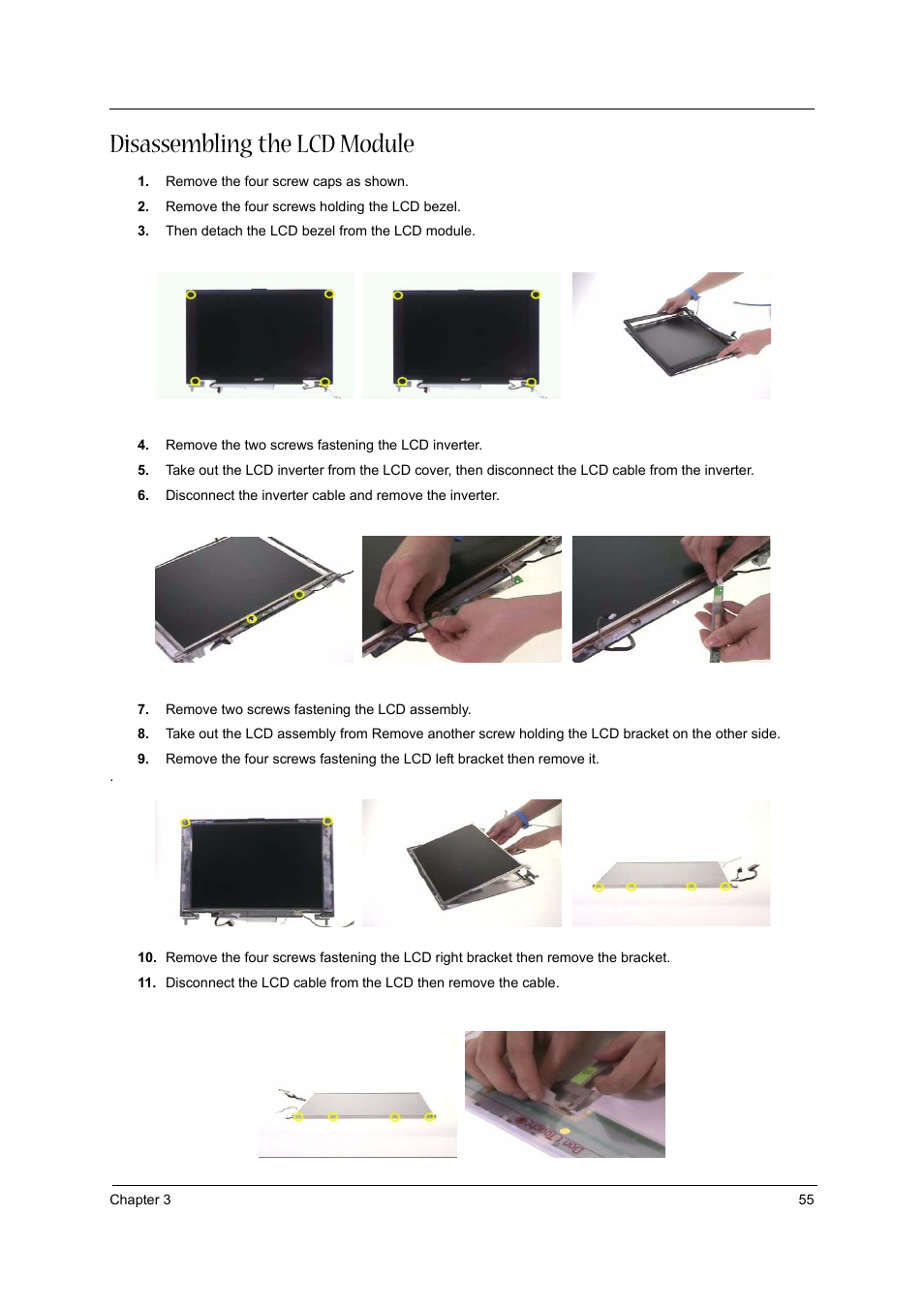 Disassembling the lcd module | Acer 3020 User Manual | Page 61 / 95