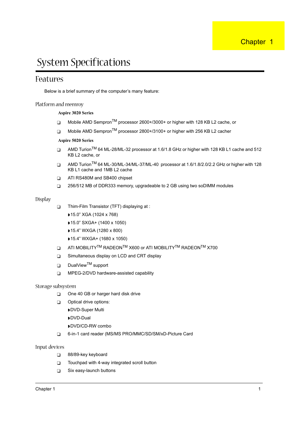 Features, System specifications, Chapter 1 | Platform and memroy, Display, Storage subsystem, Input devices | Acer 3020 User Manual | Page 7 / 95