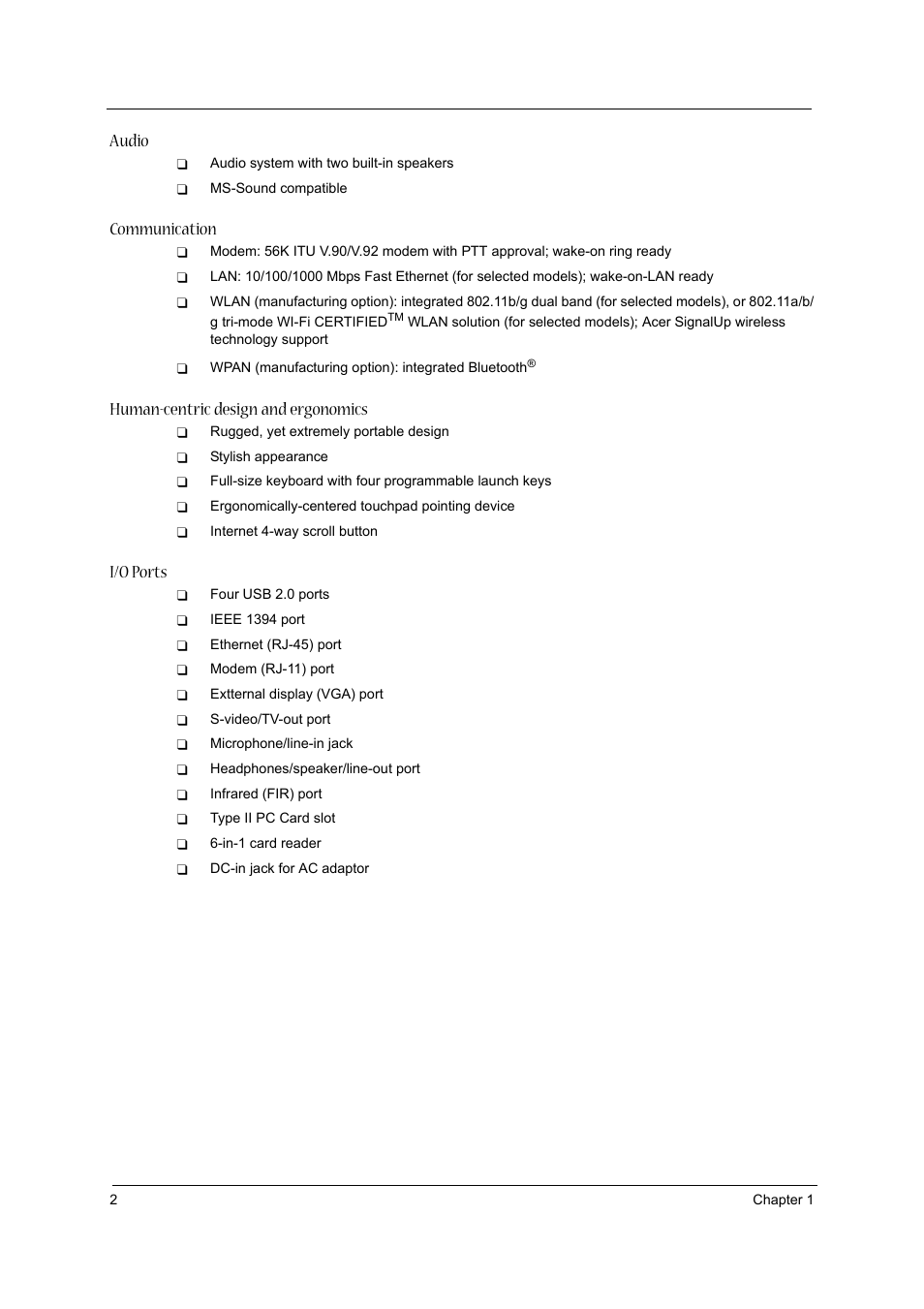 Audio, Communication, Human-centric design and ergonomics | I/o ports | Acer 3020 User Manual | Page 8 / 95