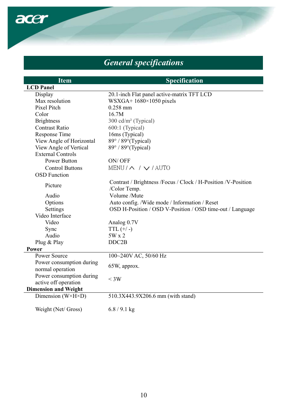 General specifications | Acer AL2032W User Manual | Page 10 / 10