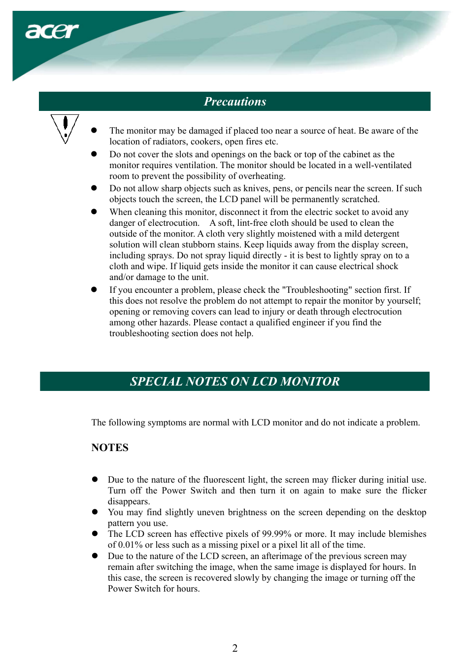 Precautions | Acer AL2032W User Manual | Page 2 / 10
