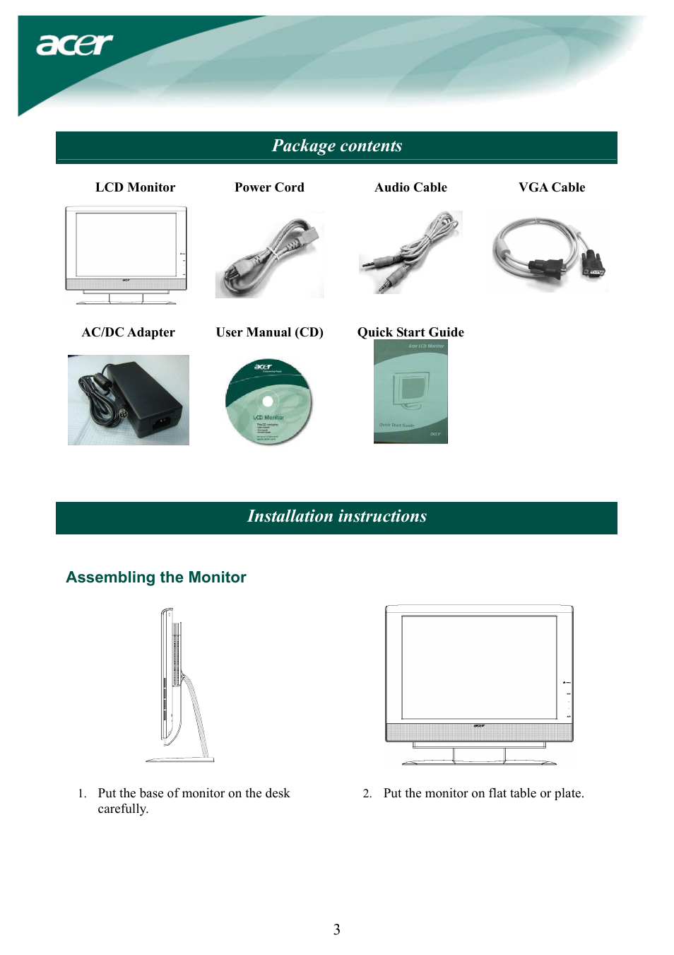 Package contents, Installation instructions | Acer AL2032W User Manual | Page 3 / 10