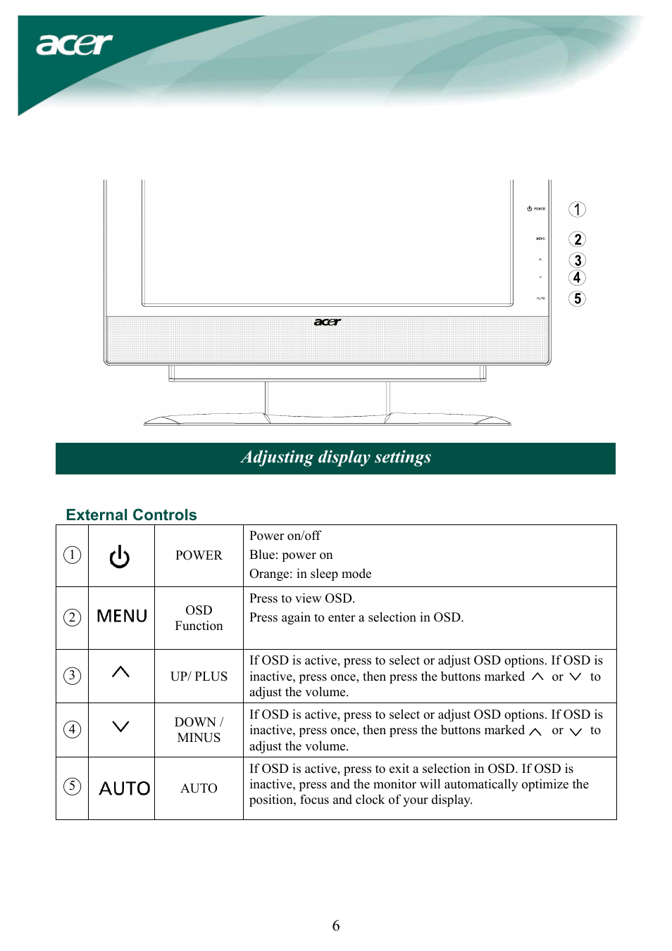 Adjusting display settings | Acer AL2032W User Manual | Page 6 / 10