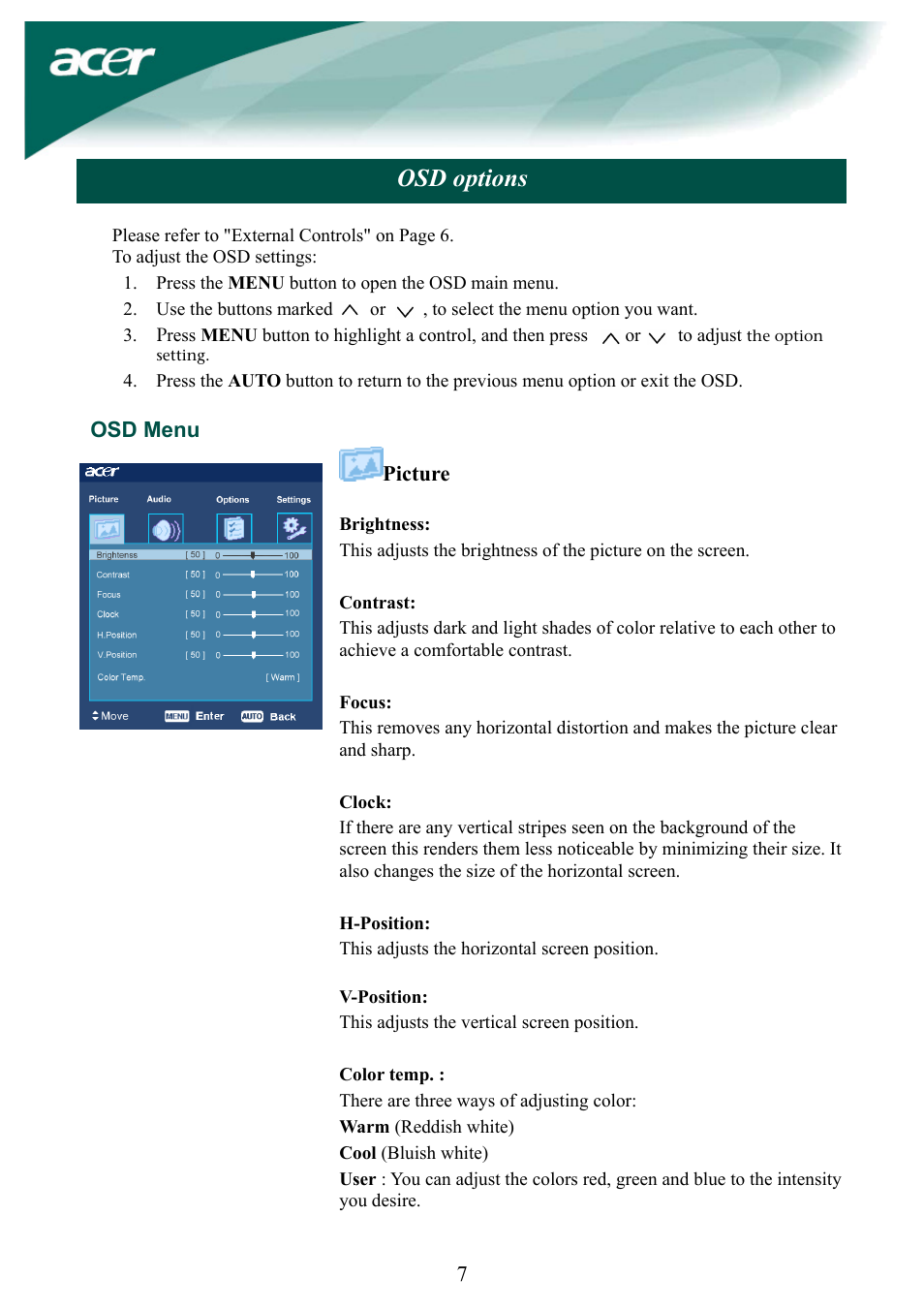 Osd options | Acer AL2032W User Manual | Page 7 / 10