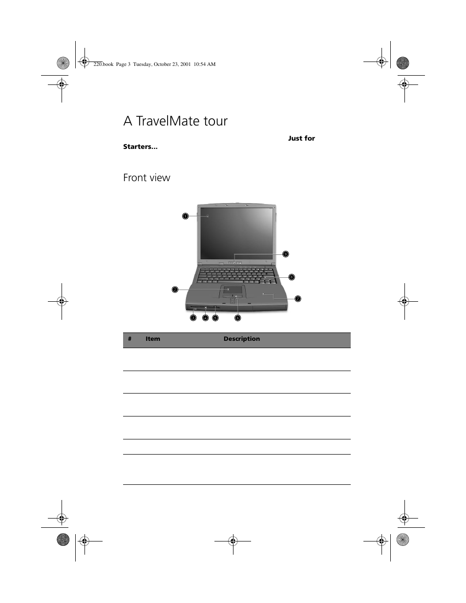 A travelmate tour, Front view | Acer 220 Series User Manual | Page 11 / 77