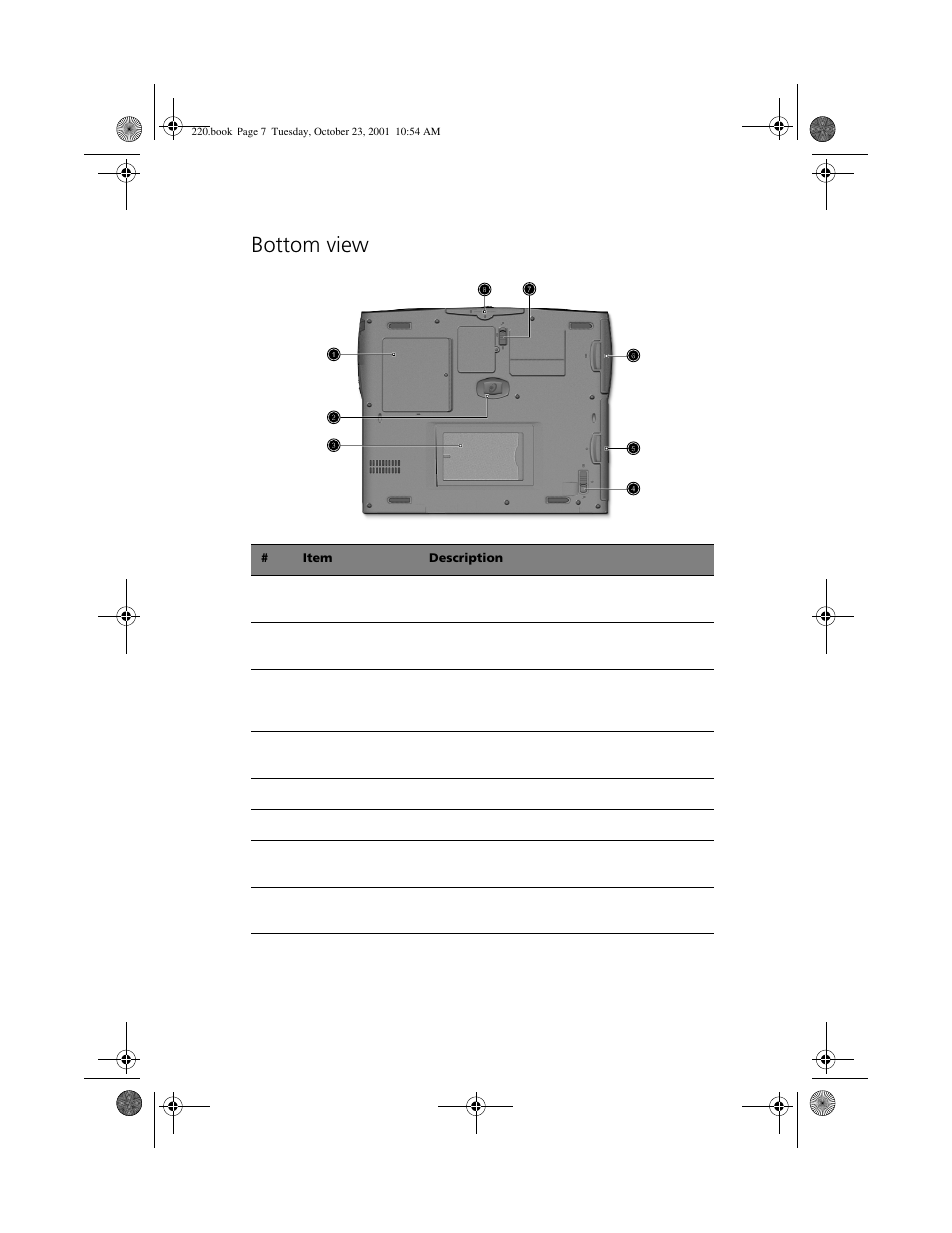 Bottom view | Acer 220 Series User Manual | Page 15 / 77
