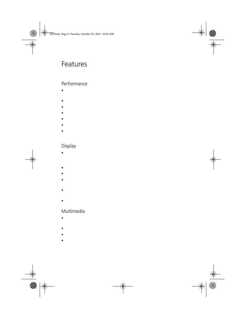 Features, Performance, Display | Multimedia | Acer 220 Series User Manual | Page 16 / 77