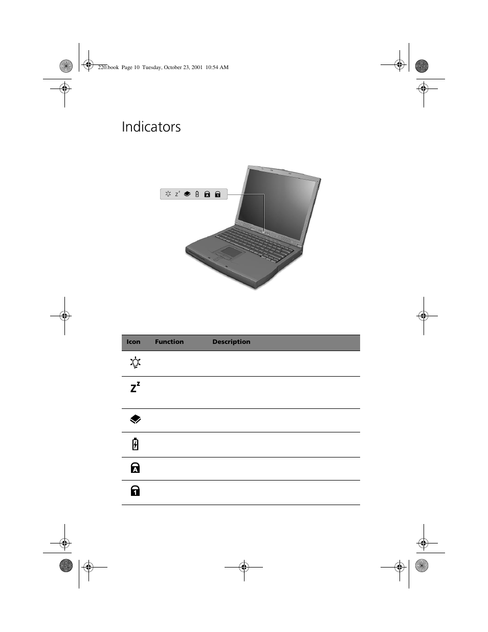 Indicators | Acer 220 Series User Manual | Page 18 / 77