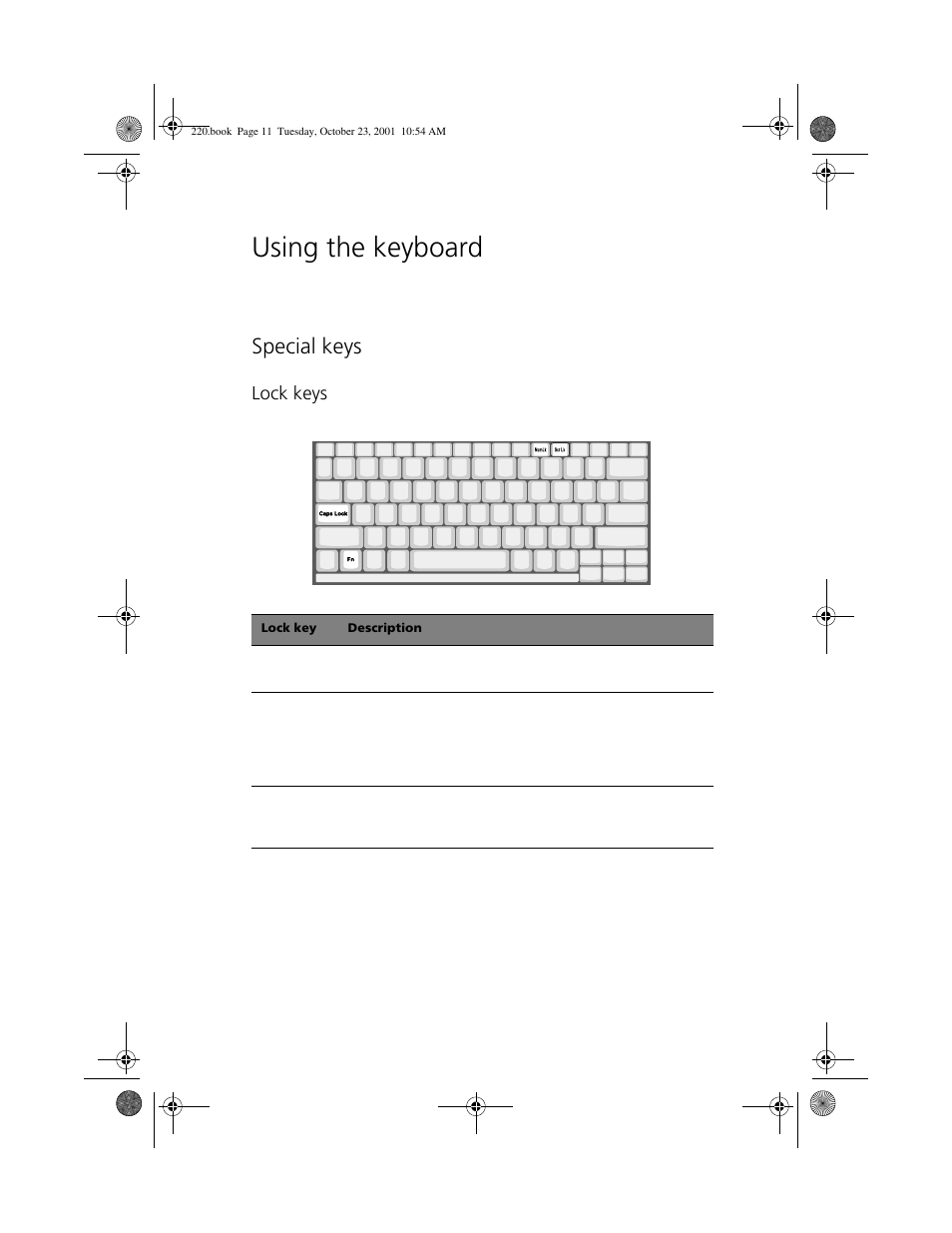 Using the keyboard, Special keys, Lock keys | Acer 220 Series User Manual | Page 19 / 77