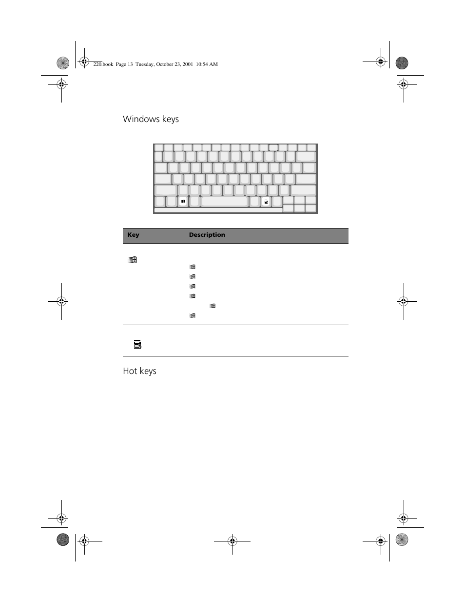 Windows keys, Hot keys | Acer 220 Series User Manual | Page 21 / 77