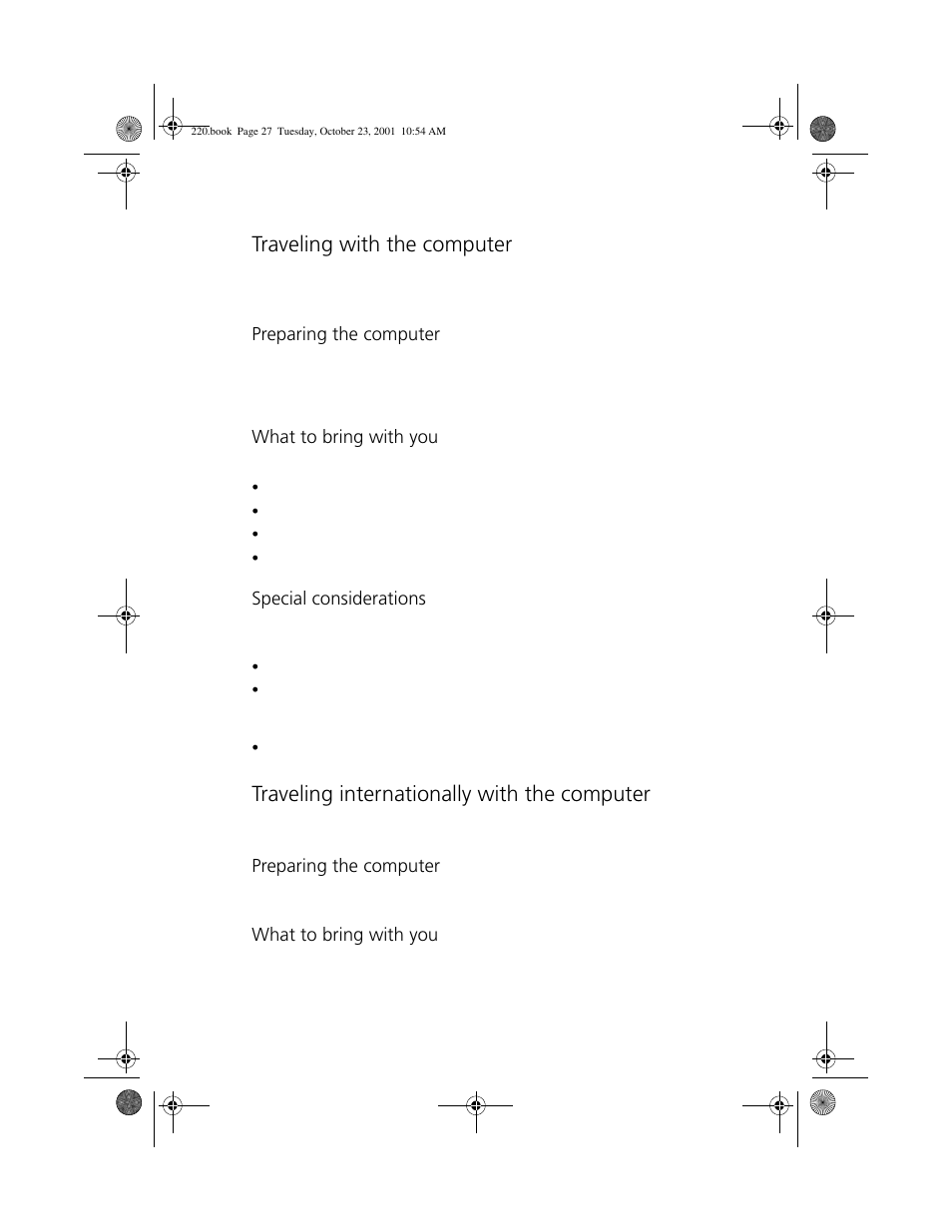 Traveling with the computer, Traveling internationally with the computer | Acer 220 Series User Manual | Page 35 / 77