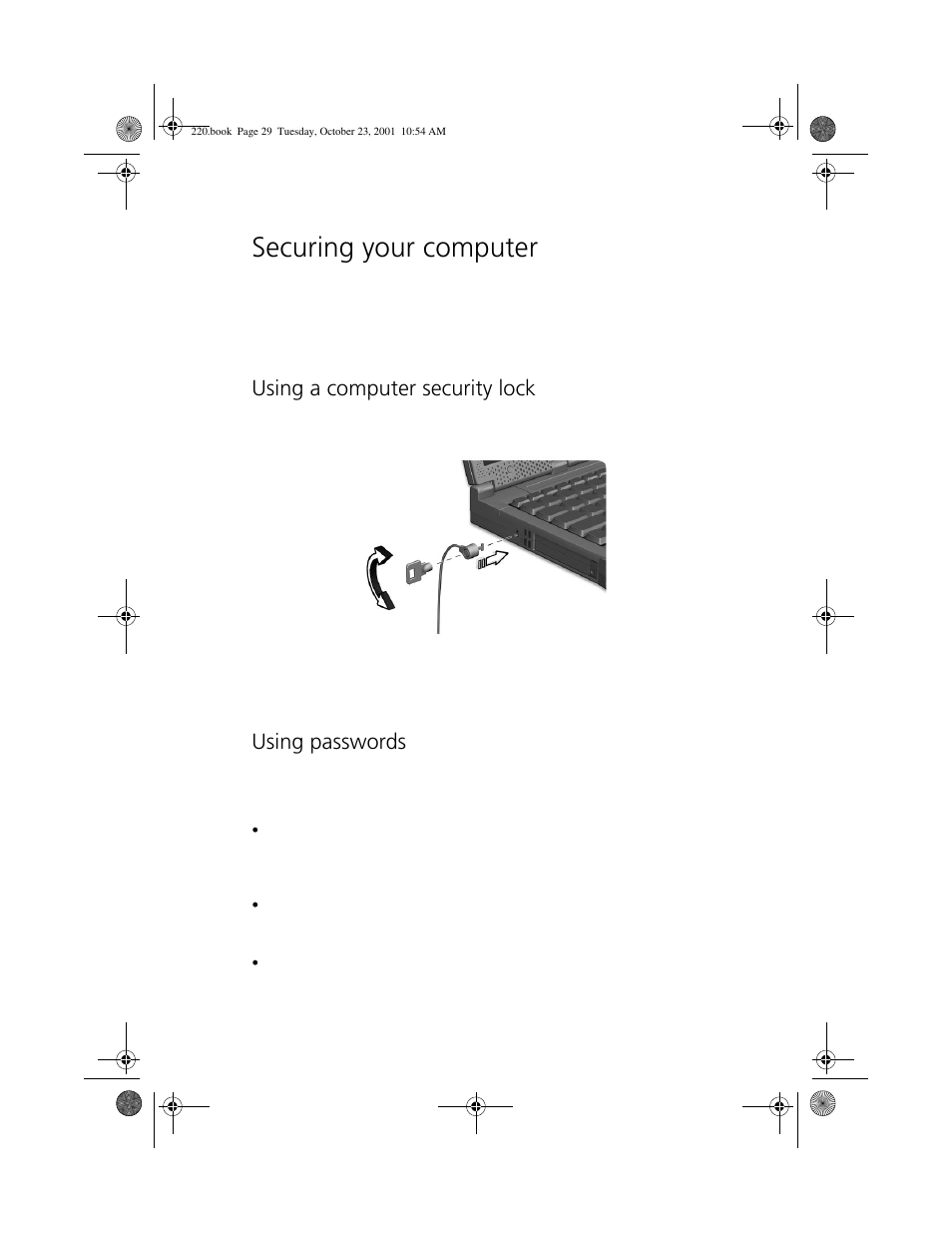 Securing your computer, Using a computer security lock, Using passwords | Acer 220 Series User Manual | Page 37 / 77