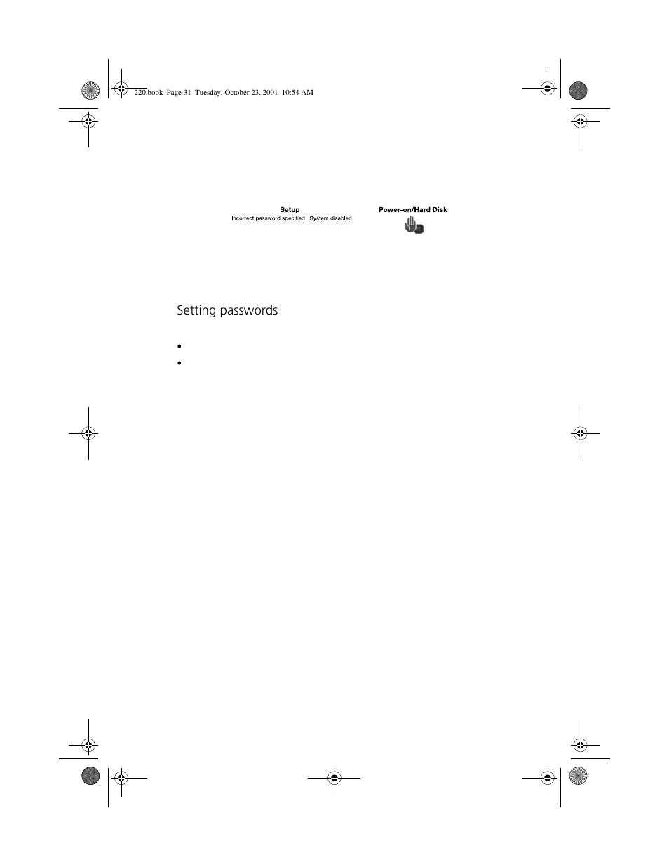 Setting passwords | Acer 220 Series User Manual | Page 39 / 77