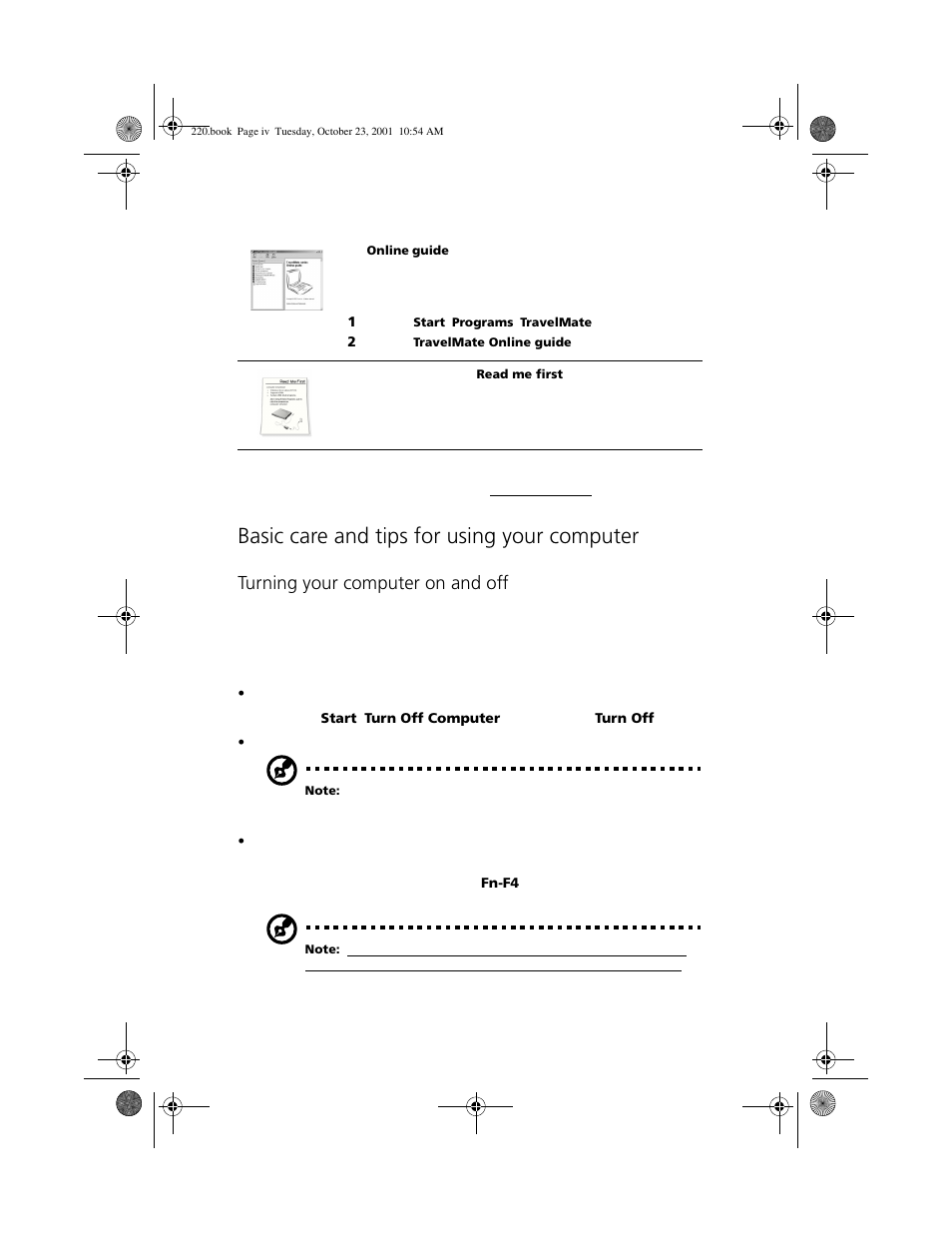 Basic care and tips for using your computer, Turning your computer on and off | Acer 220 Series User Manual | Page 4 / 77