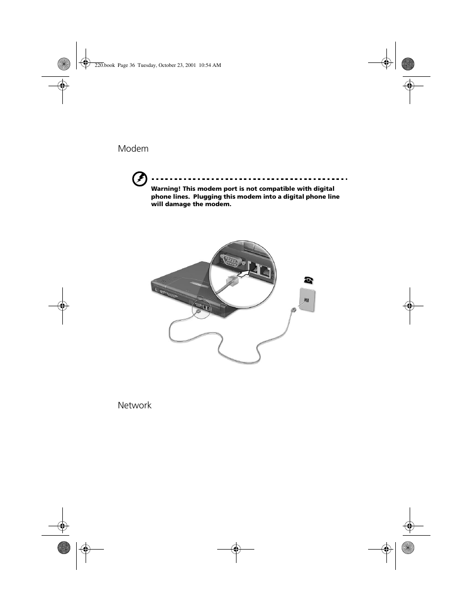 Modem, Network | Acer 220 Series User Manual | Page 44 / 77