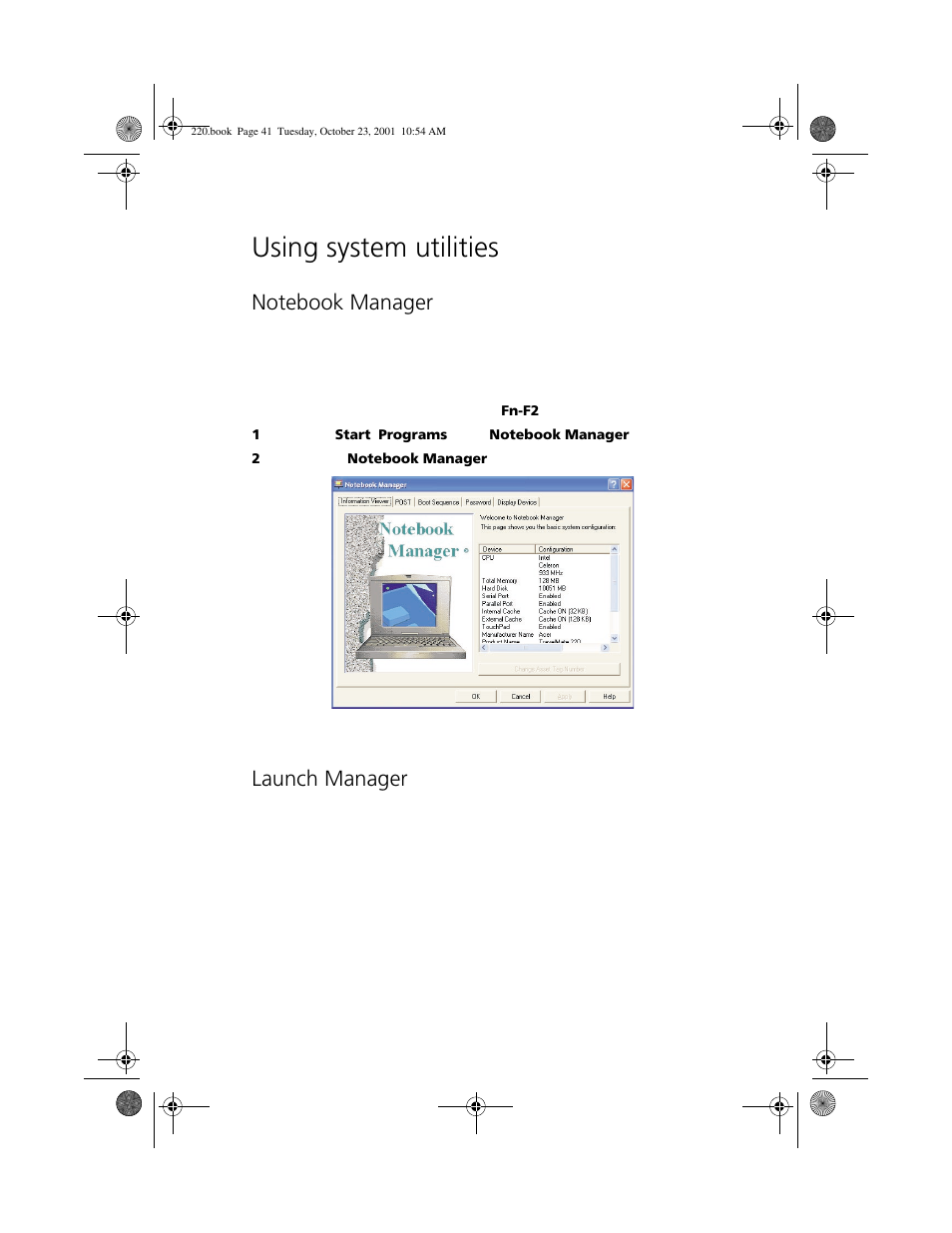 Using system utilities, Notebook manager, Launch manager | Acer 220 Series User Manual | Page 49 / 77