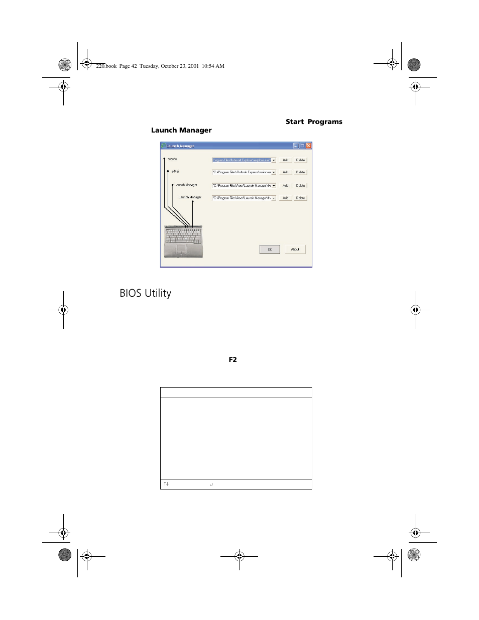 Bios utility | Acer 220 Series User Manual | Page 50 / 77