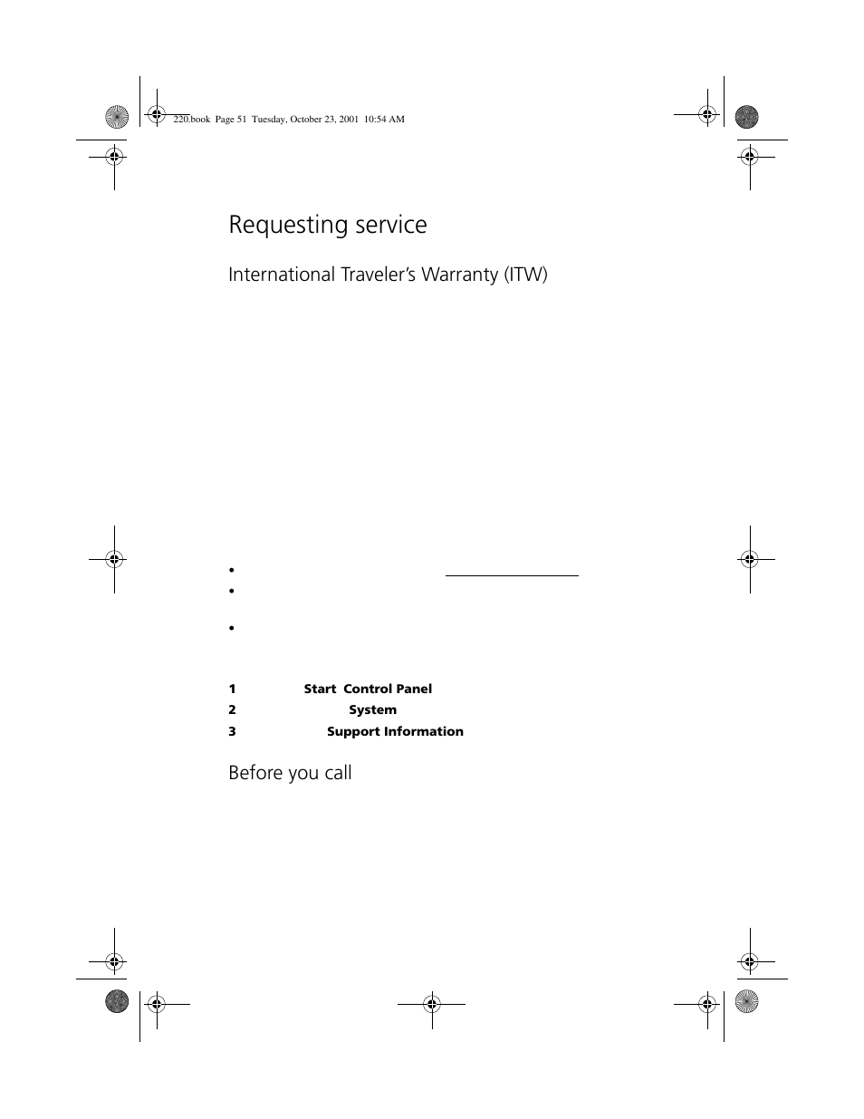 Requesting service, International traveler’s warranty (itw), Before you call | Acer 220 Series User Manual | Page 59 / 77