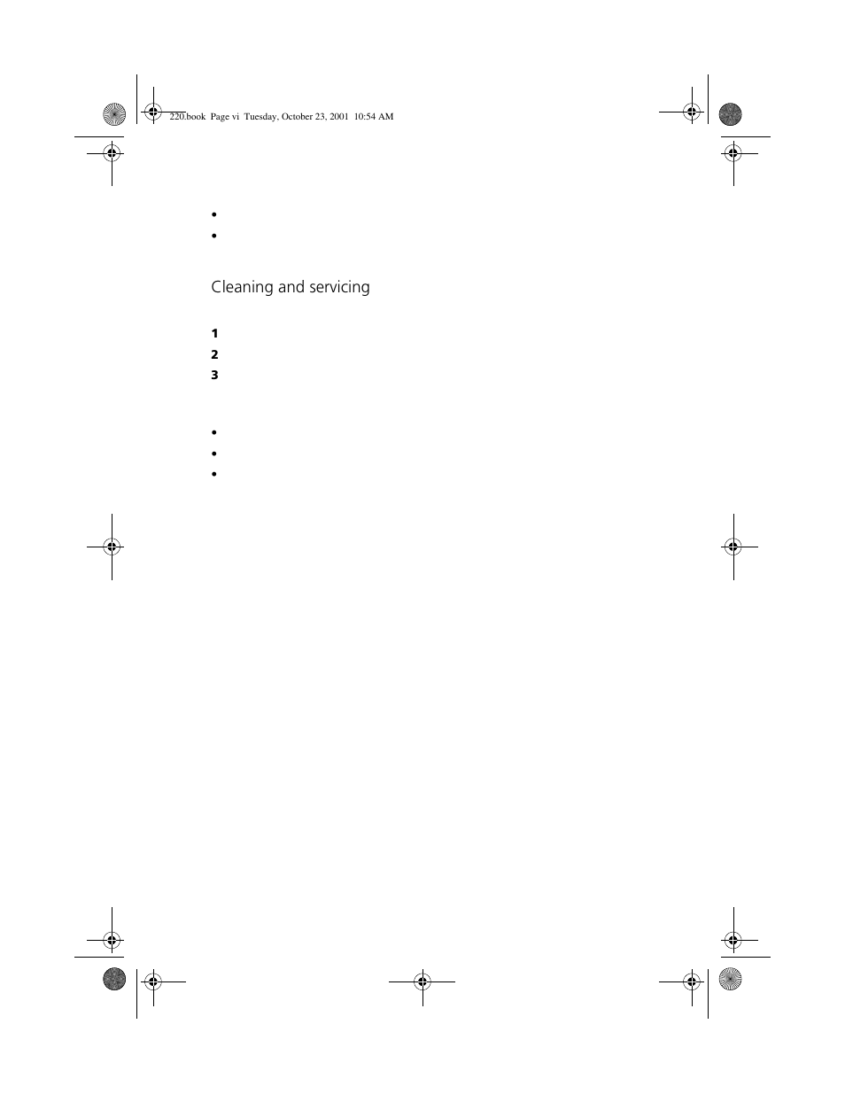 Cleaning and servicing | Acer 220 Series User Manual | Page 6 / 77