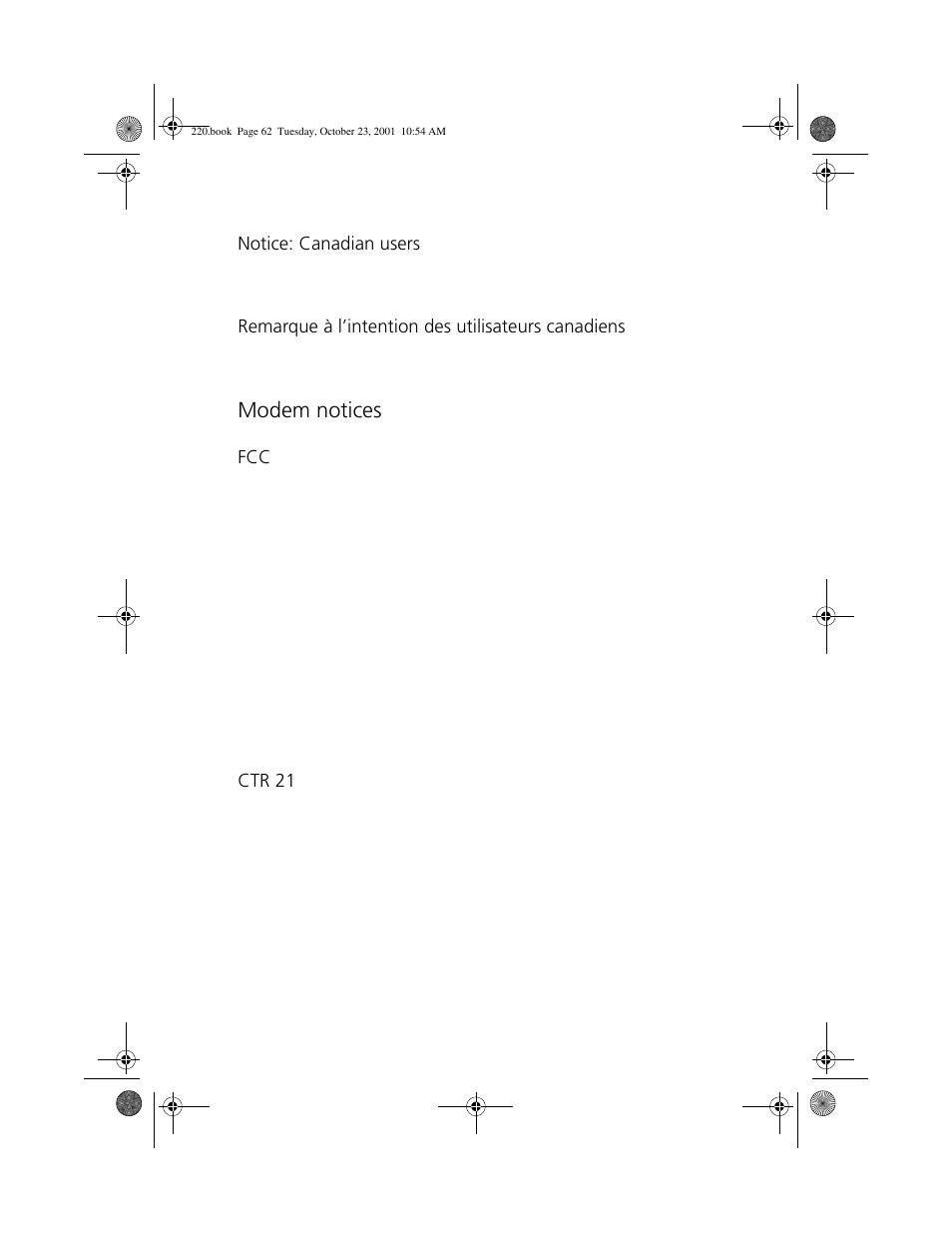 Modem notices, Notice: canadian users, Remarque à l’intention des utilisateurs canadiens | Ctr 21 | Acer 220 Series User Manual | Page 70 / 77