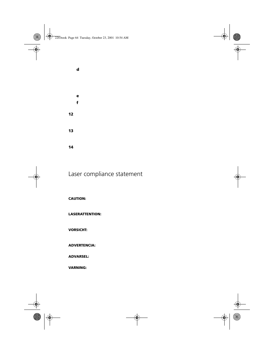 Laser compliance statement | Acer 220 Series User Manual | Page 72 / 77