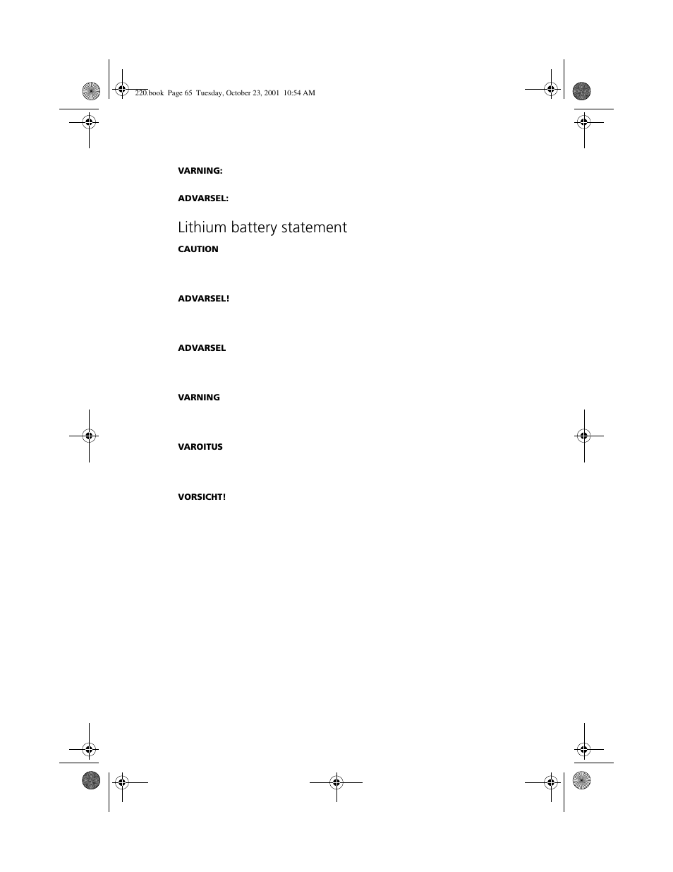 Lithium battery statement | Acer 220 Series User Manual | Page 73 / 77