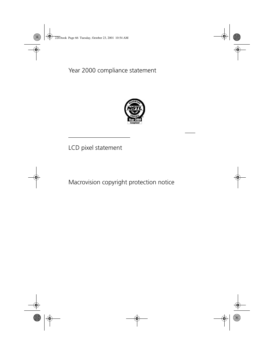 Year 2000 compliance statement, Lcd pixel statement, Macrovision copyright protection notice | Acer 220 Series User Manual | Page 74 / 77