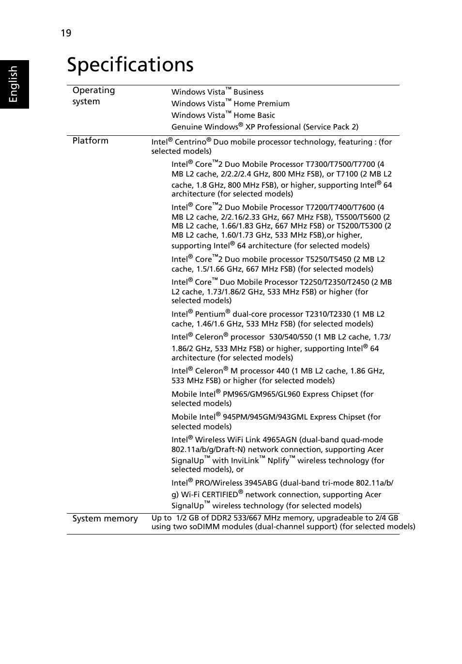 Specifications, English eng lis h | Acer 5610 User Manual | Page 36 / 96