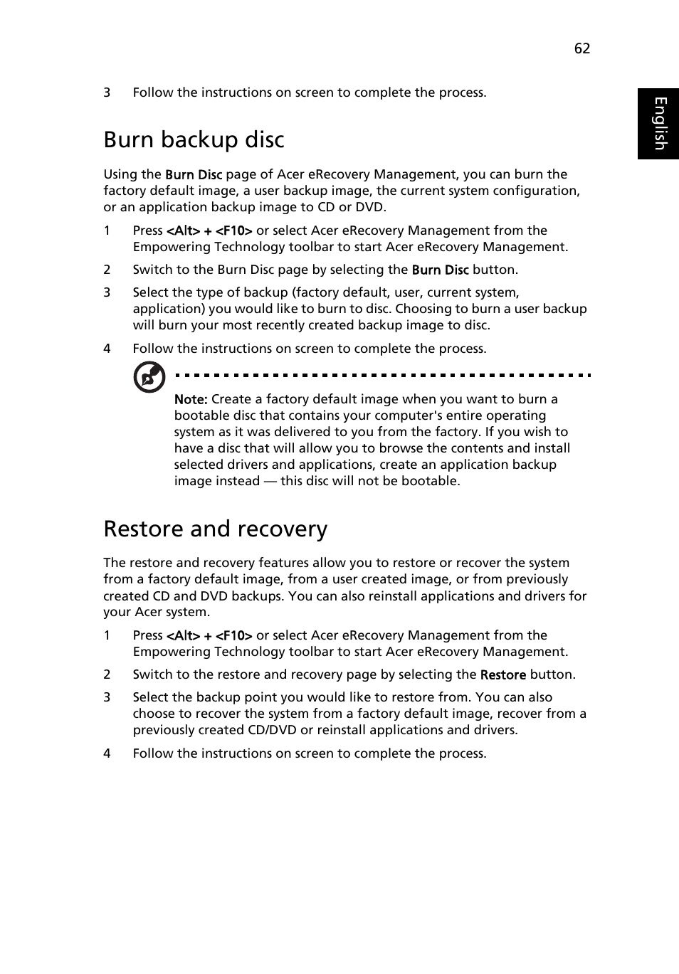 Burn backup disc, Restore and recovery | Acer 5610 User Manual | Page 79 / 96