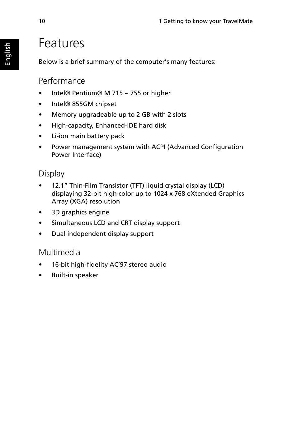 Features, Performance, Display | Multimedia | Acer 380 series User Manual | Page 18 / 88