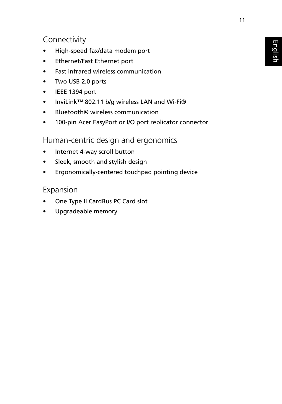 Connectivity, Human-centric design and ergonomics, Expansion | Acer 380 series User Manual | Page 19 / 88