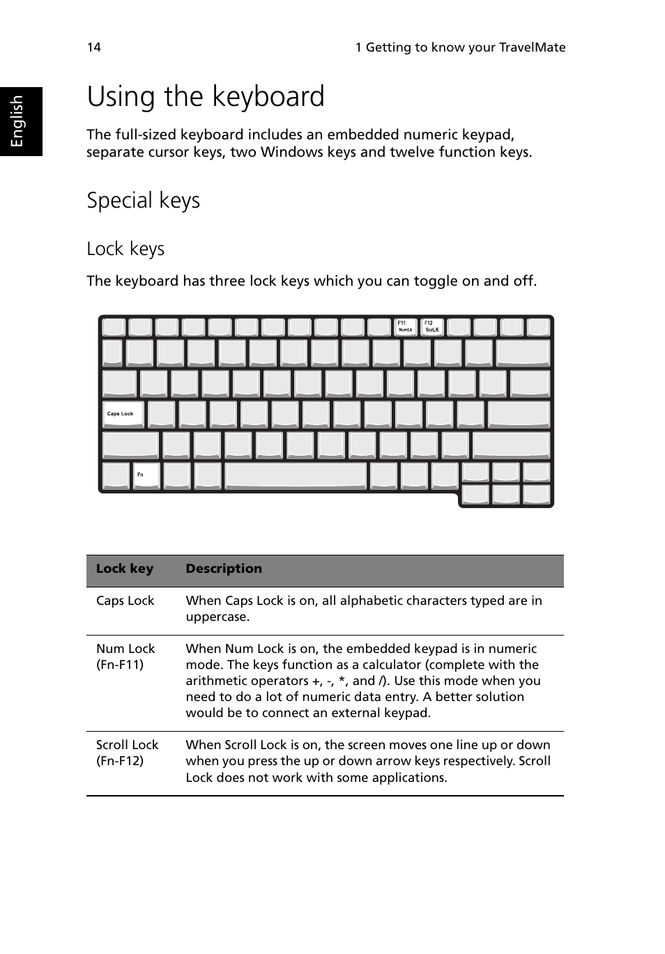 Using the keyboard, Special keys, Lock keys | Acer 380 series User Manual | Page 22 / 88