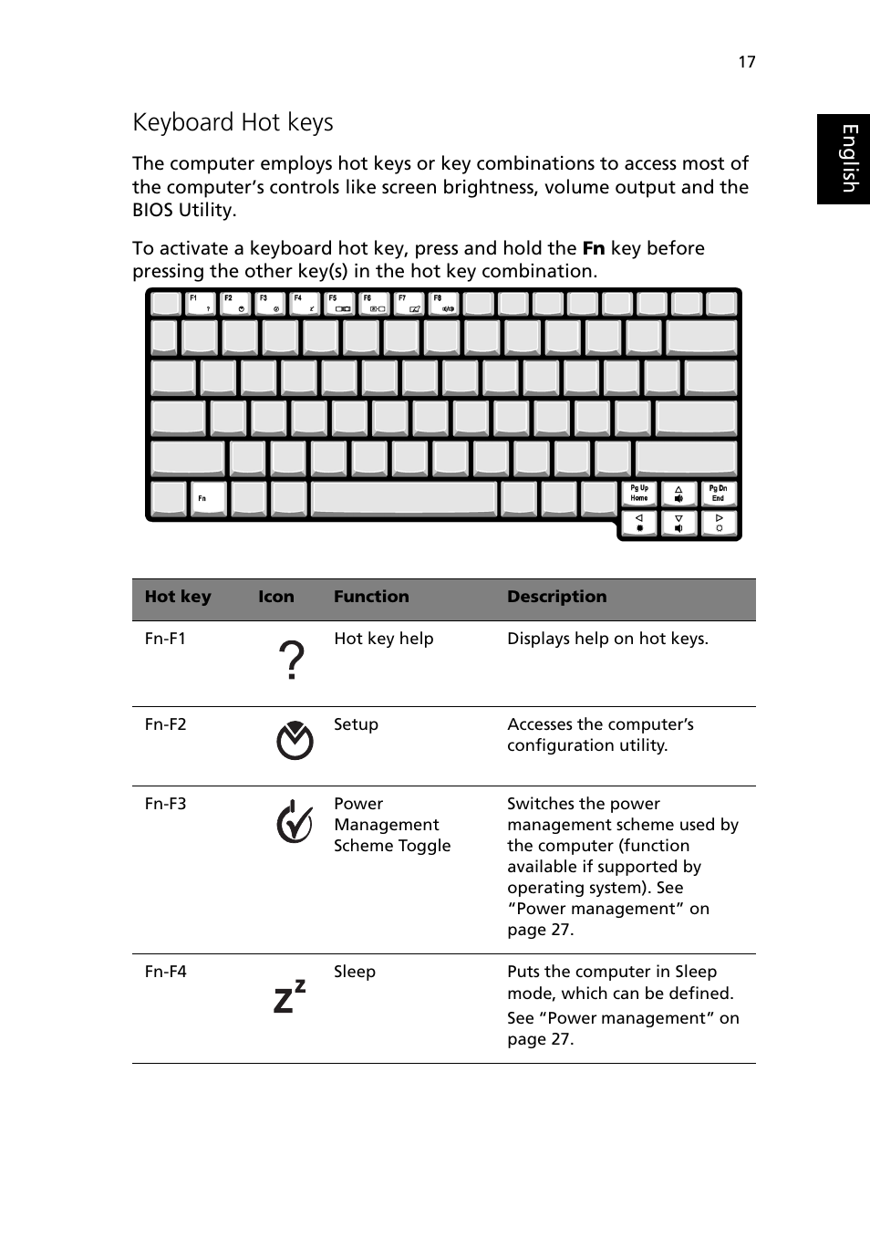 Keyboard hot keys | Acer 380 series User Manual | Page 25 / 88