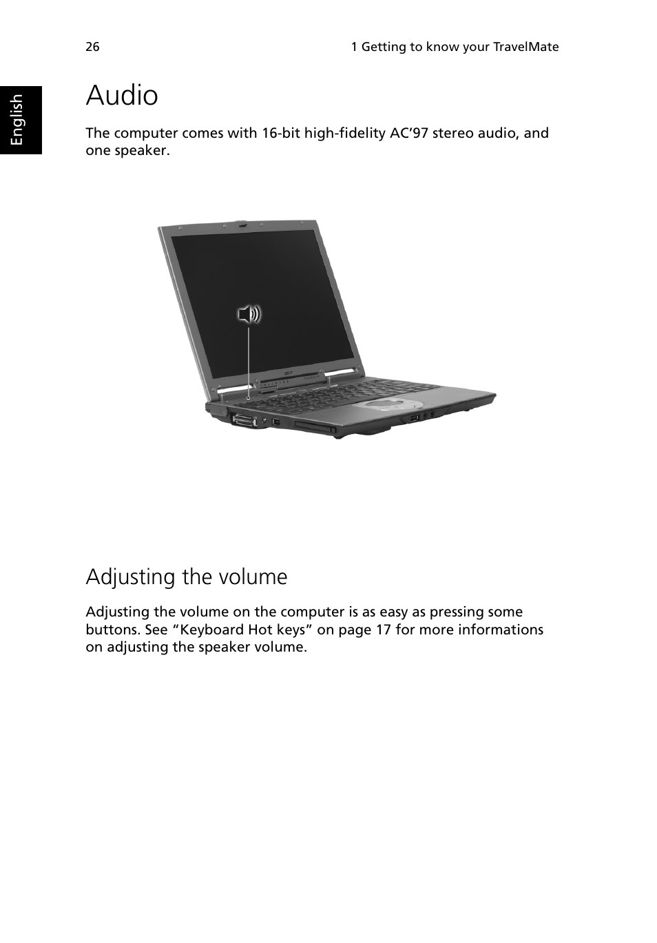 Audio, Adjusting the volume | Acer 380 series User Manual | Page 34 / 88